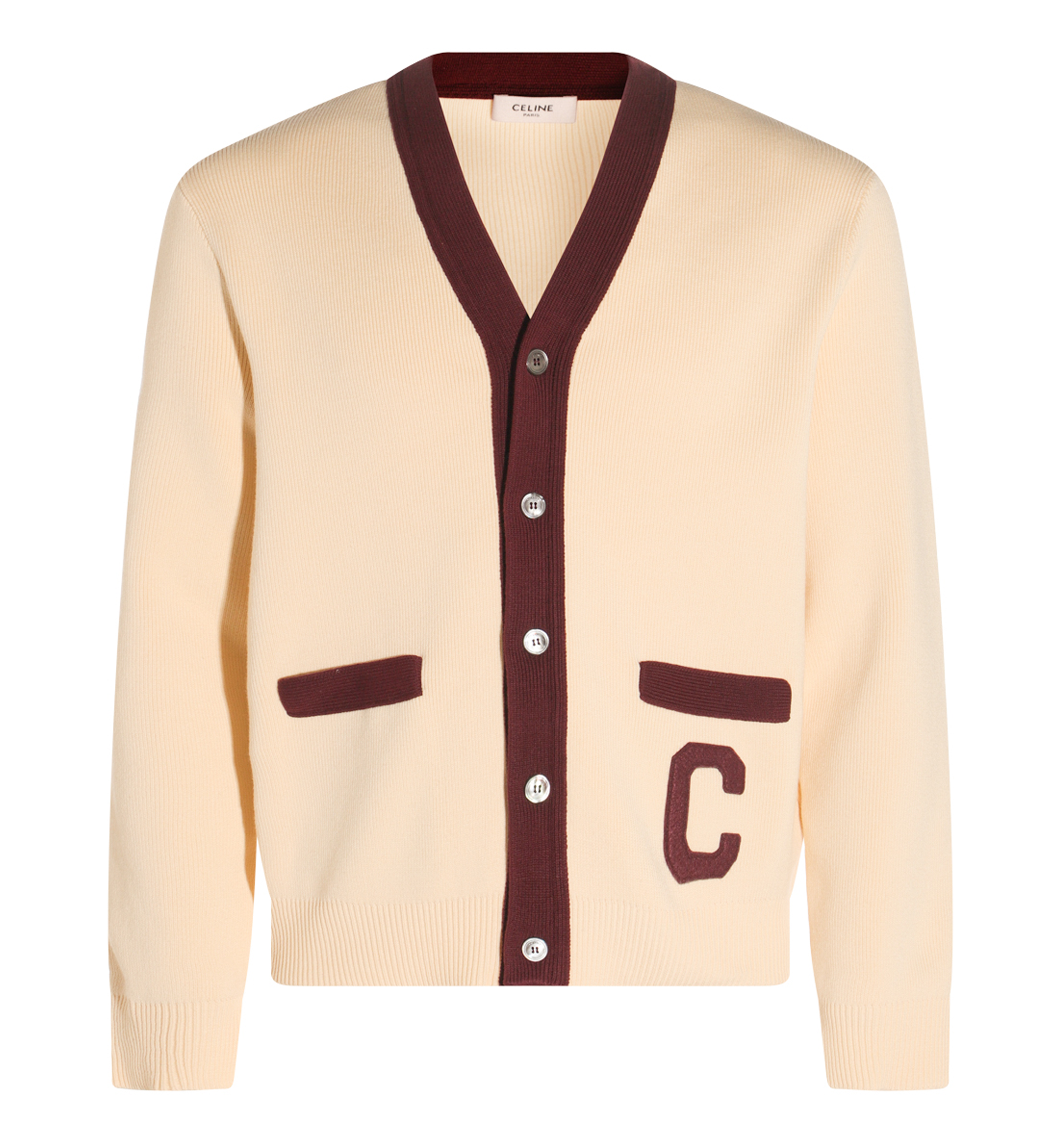 College Cardigan in Cotton - Ecru/Burgundy