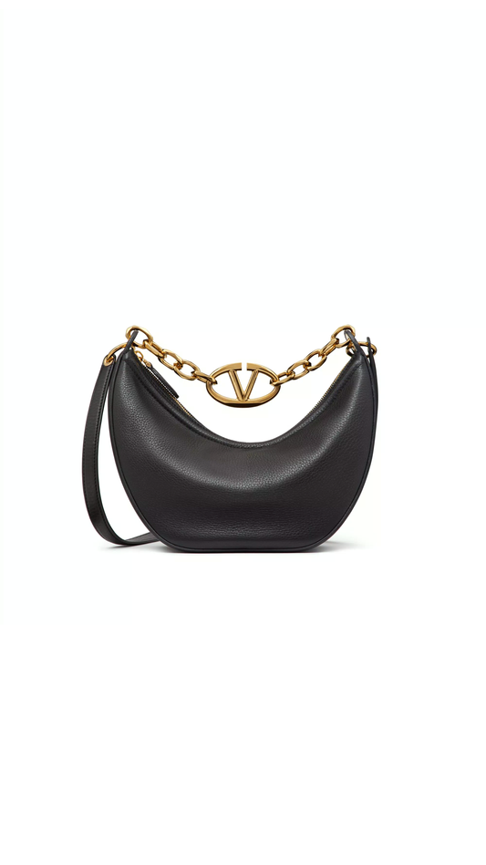 Small Vlogo Moon Hobo Bag In Leather With Chain - Black