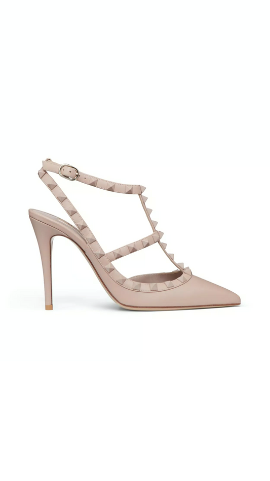 Rockstud Ankle Strap Pump with Tonal Studs 100MM - Poudre