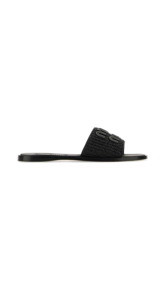 Palmetto and Leather Woven Slides - Black