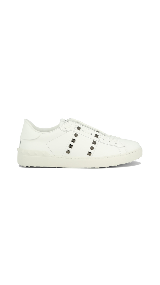 Calfskin Rockstud Untitled Sneakers with Grey Studs - White