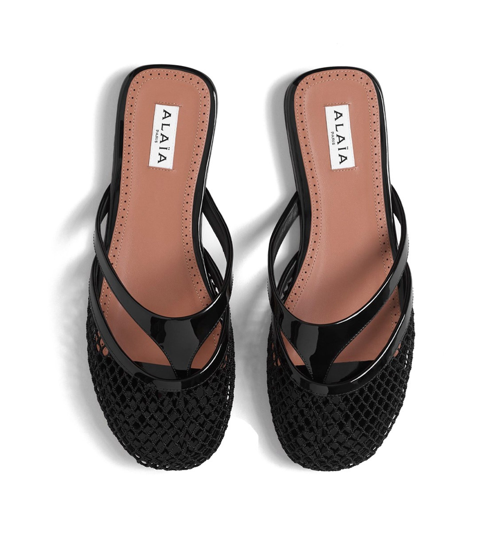 Fishnet And Leather Infradito Flat Mules