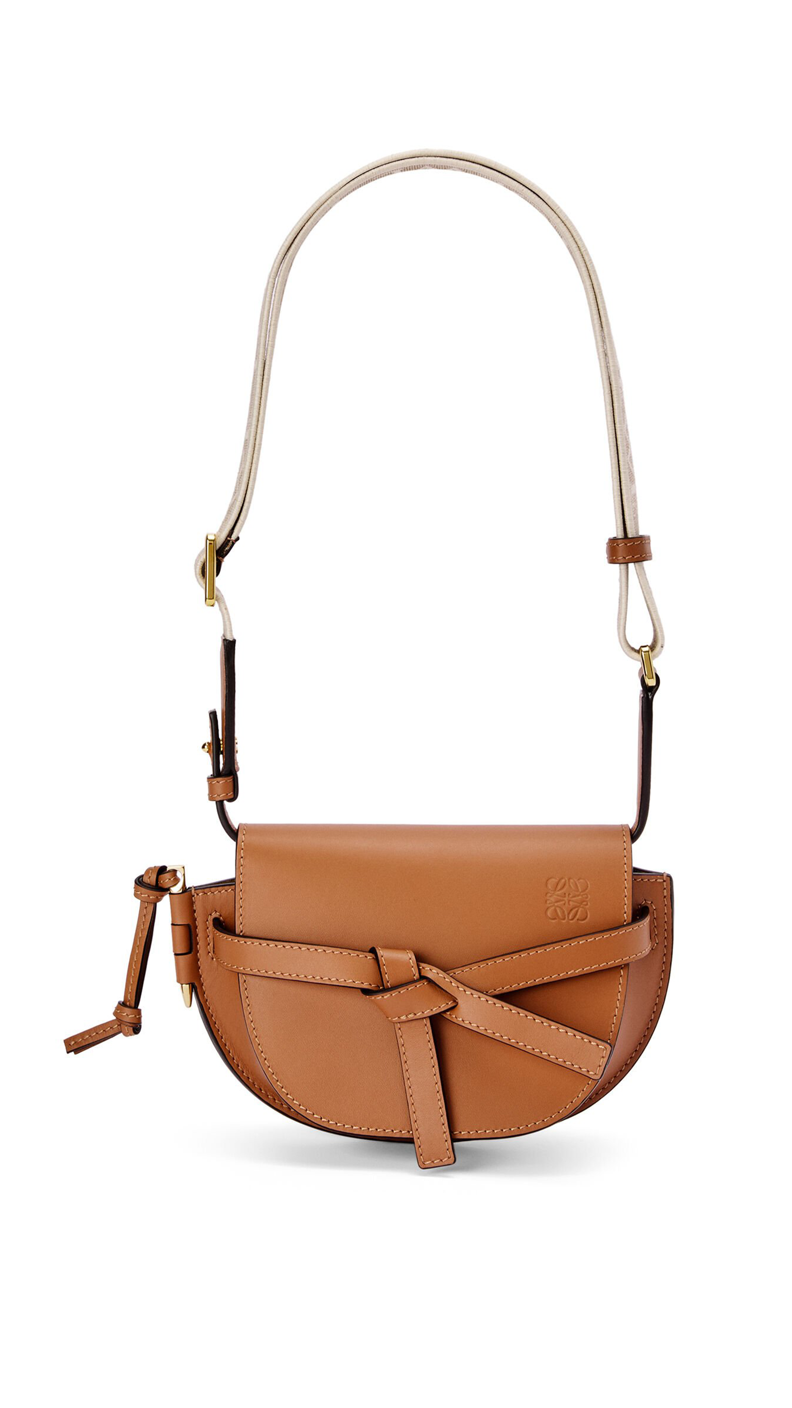 Mini Gate Dual Bag in Soft Calfskin and Jacquard - Tan