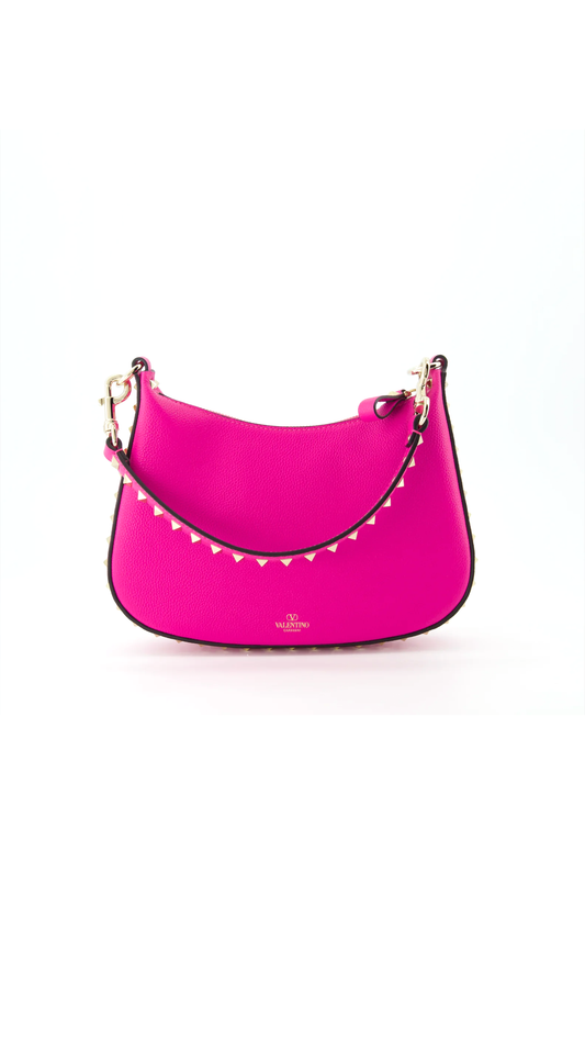 Small Rockstud Hobo Bag in Grainy Calfskin - Pink