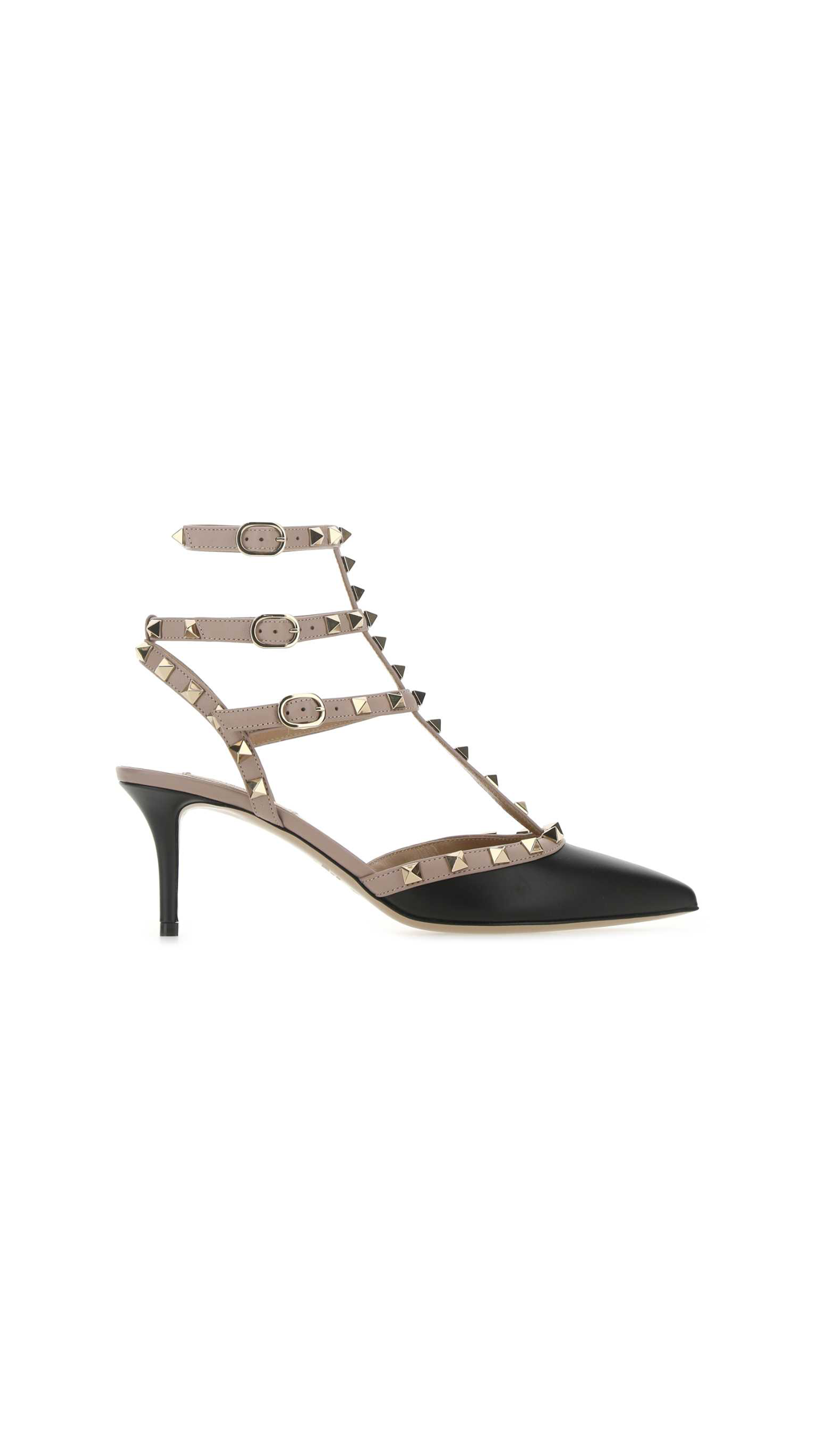 Rockstud Caged Pump in Grain de Poudre Leather 65MM - Black/Beige