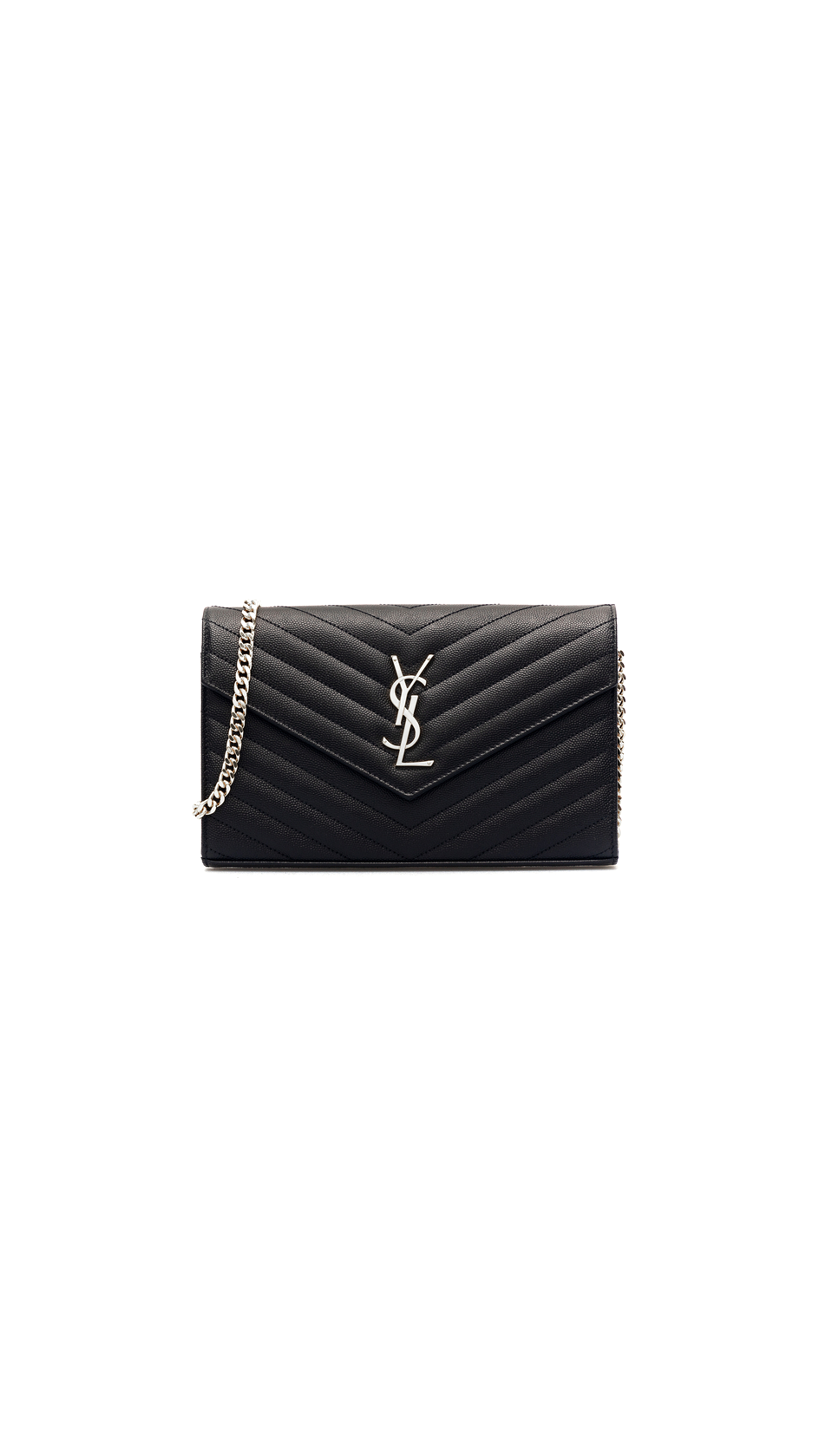 Cassandre Matelassé Envelope Chain Wallet in Gain de Poudre Embossed Leather - Black