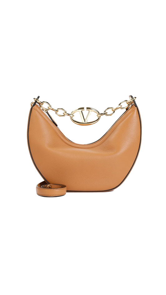 Small Vlogo Moon Hobo Bag in Leather With Chain - Almond