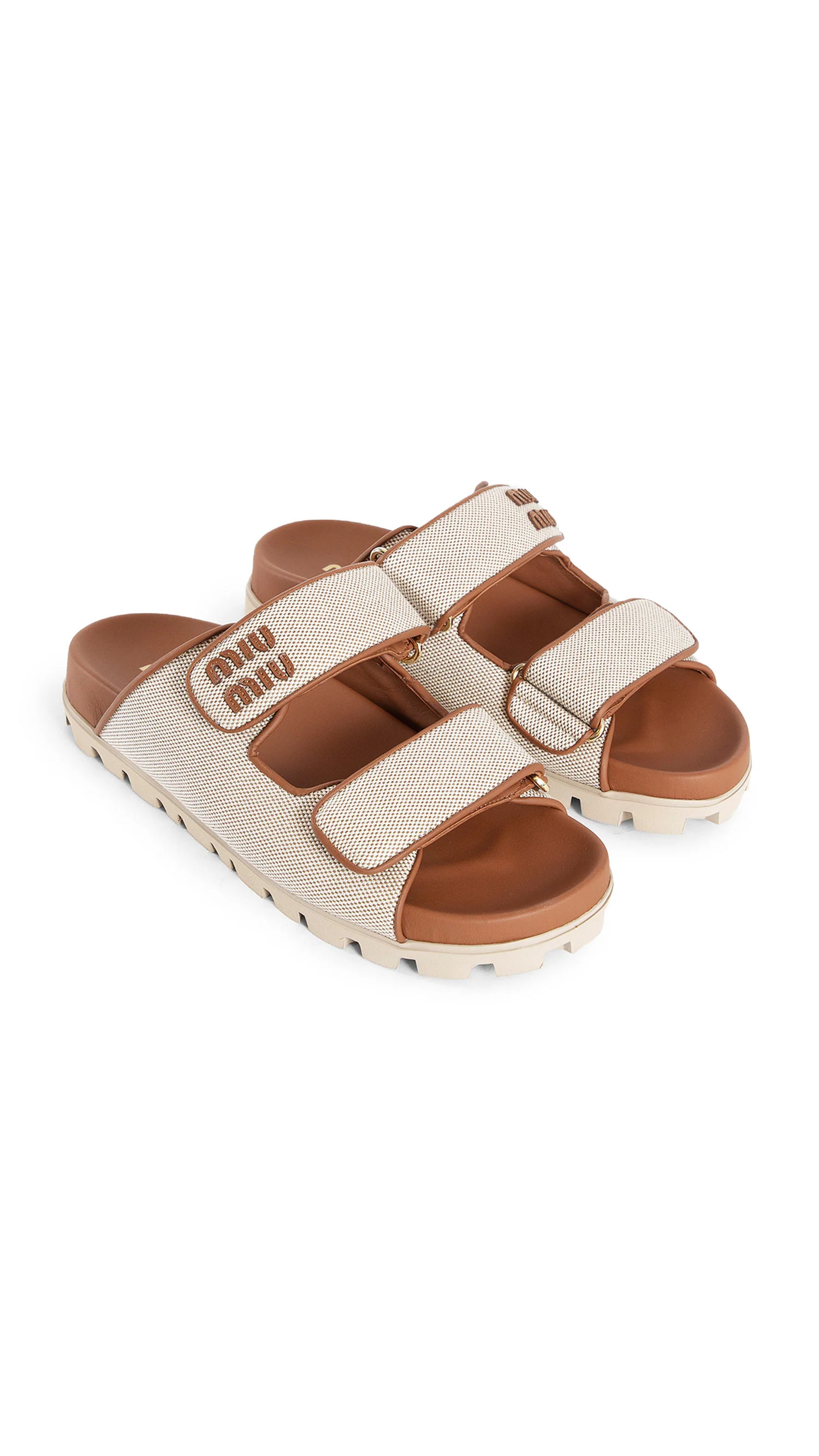 Canvas and Leather Slides - Beige/Brandy