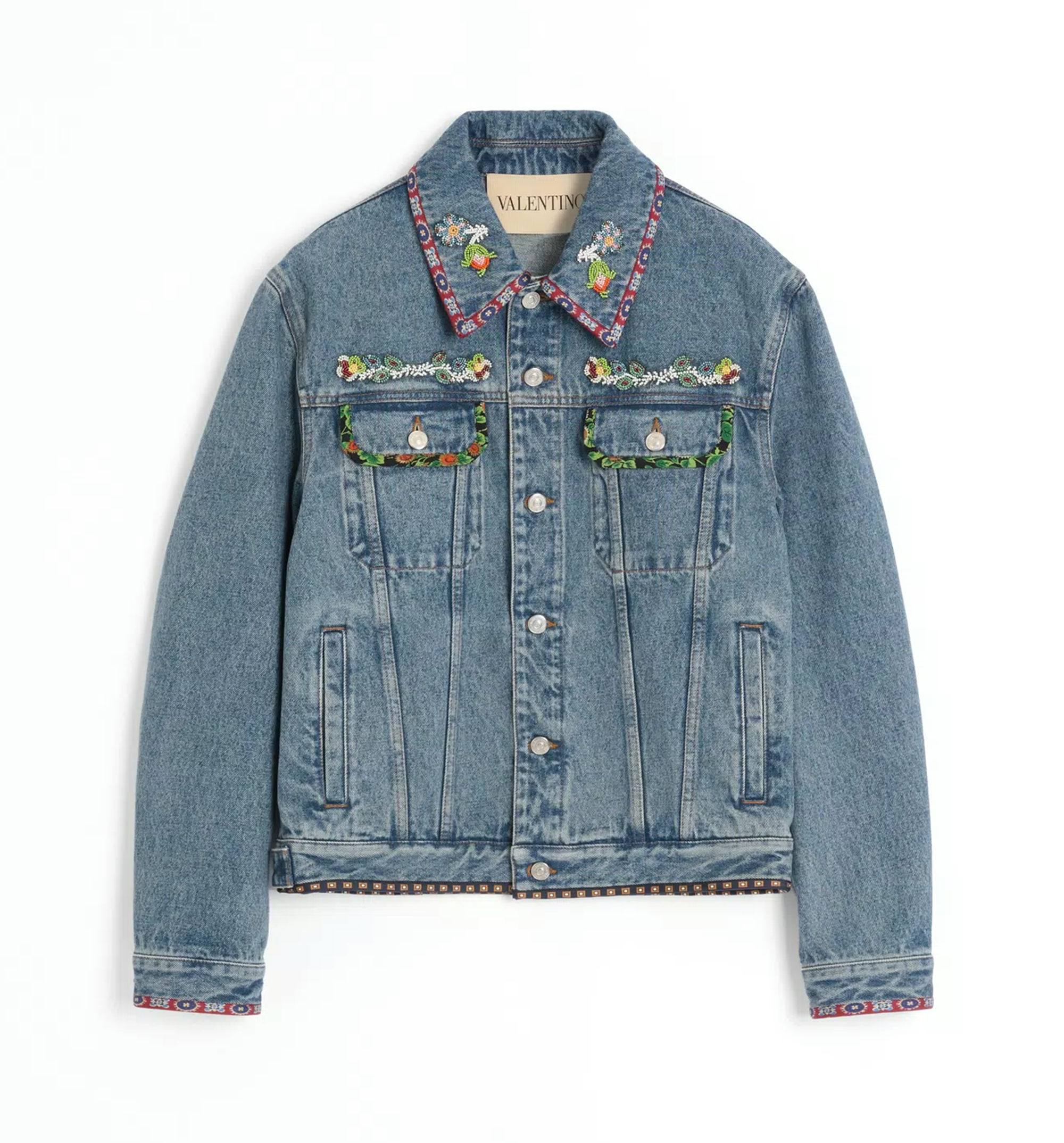 Denim Jacket with Beaded Embroidery and Printed Edges