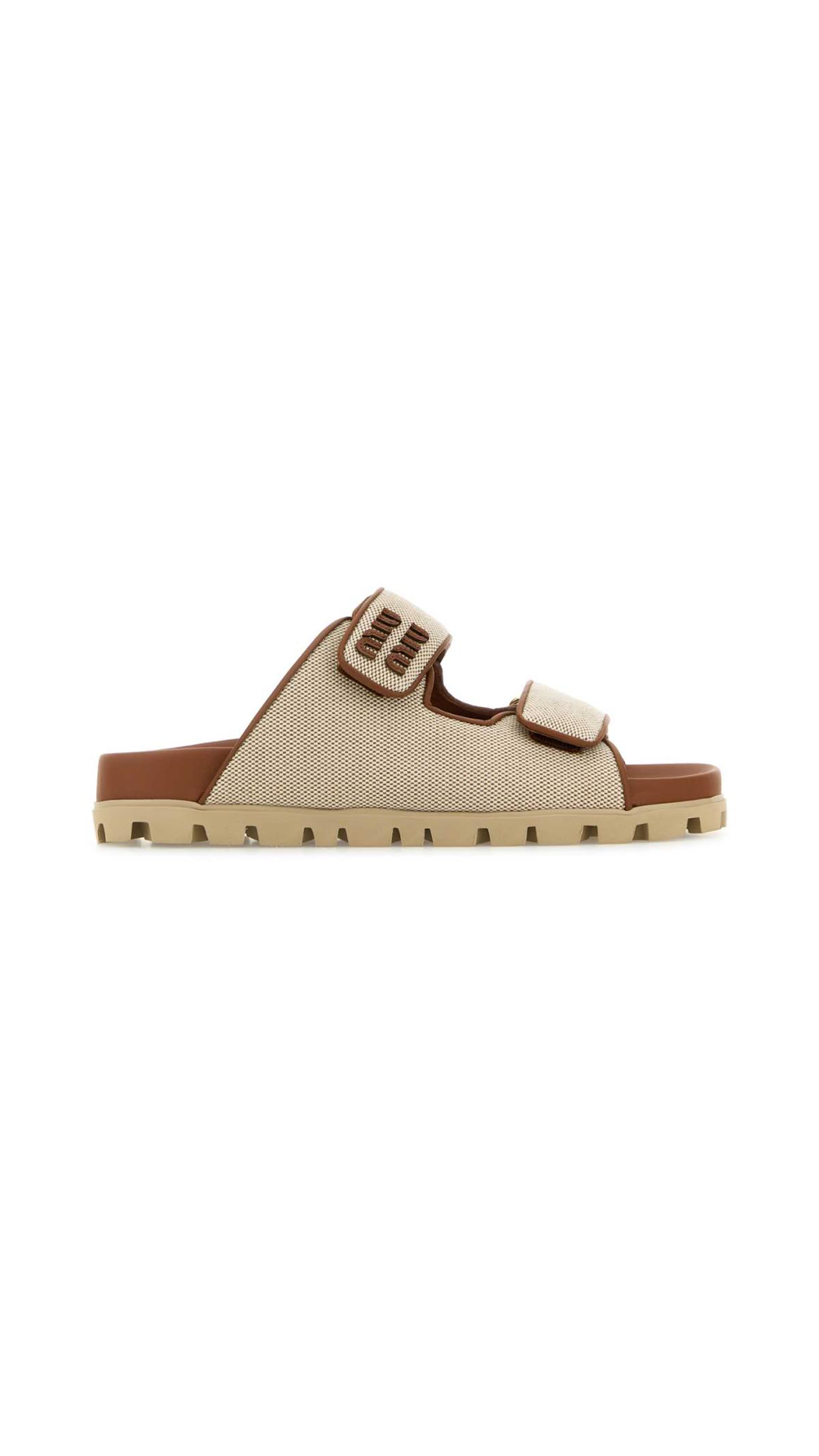 Canvas and Leather Slides - Beige/Brandy