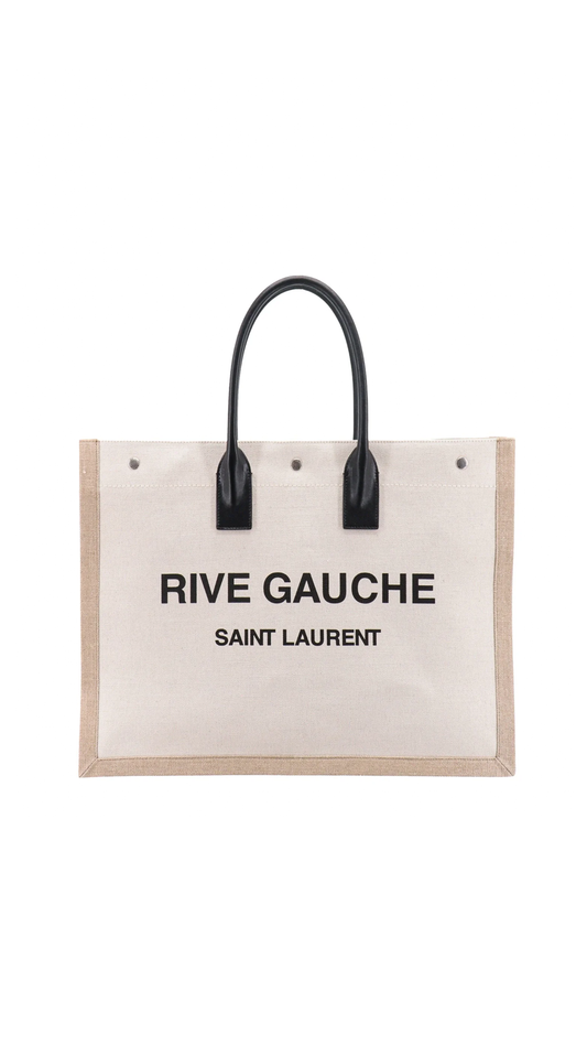 Rive Gauche Large Tote Bag in Canvas and Leather - Greige/Black