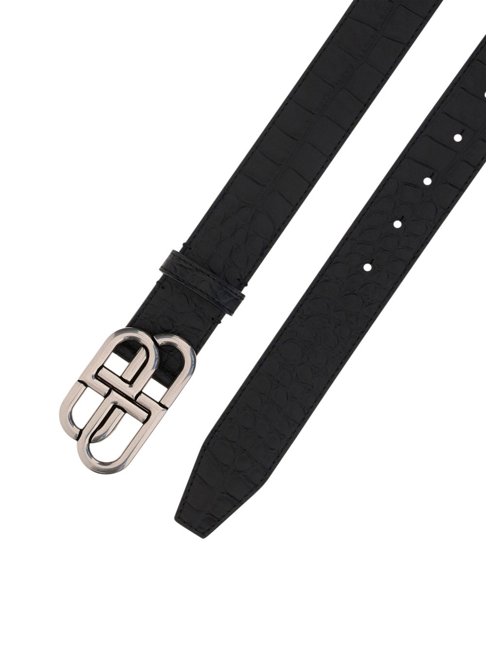 BB Large Belt in Embossed Crocodile Leather & Palladium Buckle - Black