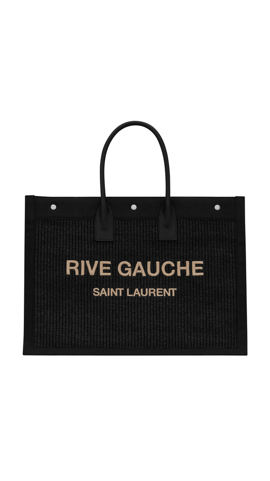 Rive Gauche Large Tote Bag in Embroidered Raffia and Leather - Black