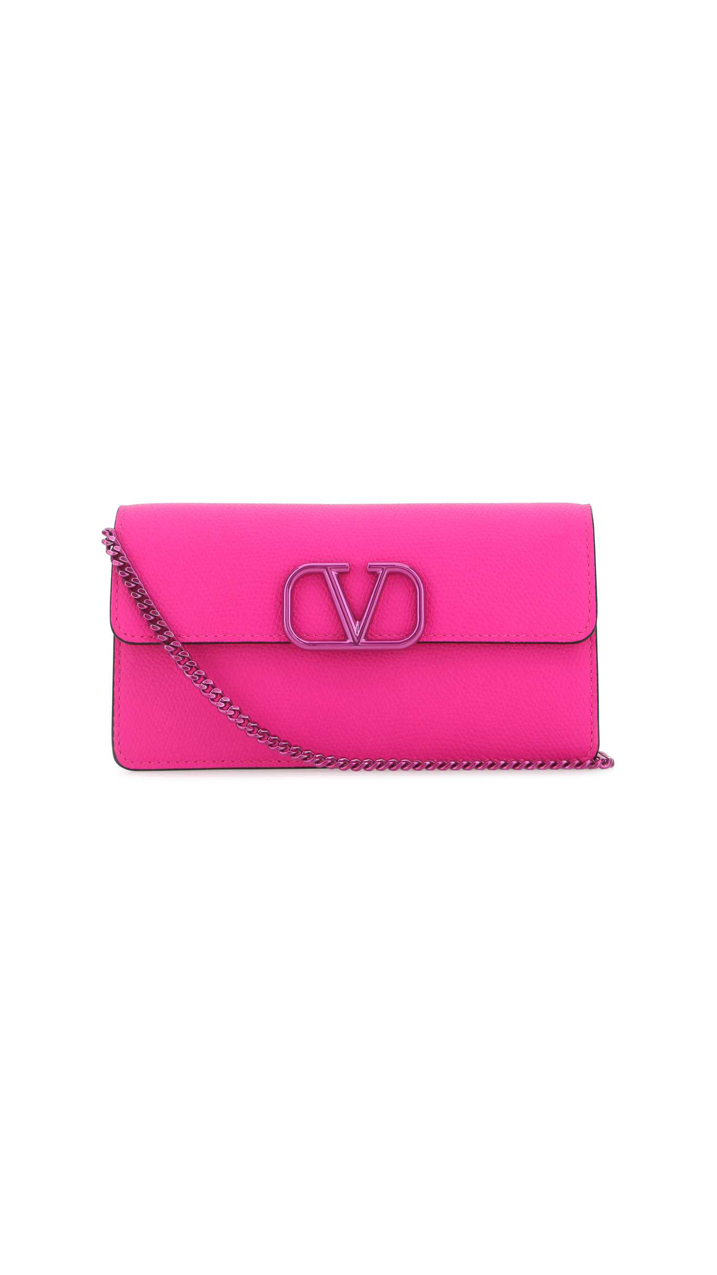 Vlogo Signature Grainy Calfskin Wallet With Chain - Pink PP