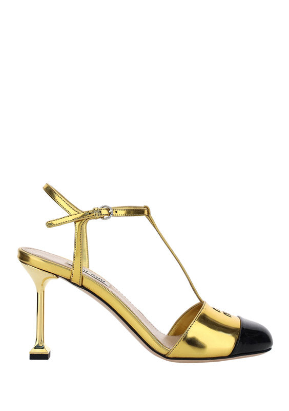 Metallic Technical Fabric And Patent Leather Pumps - Golden