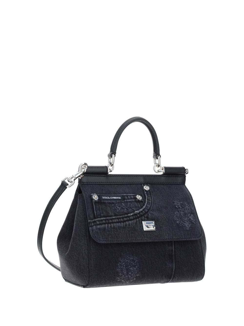 Small Sicily Bag in Calfskin and Patchwork Denim - Black