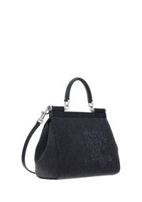 Small Sicily Bag in Calfskin and Patchwork Denim - Black