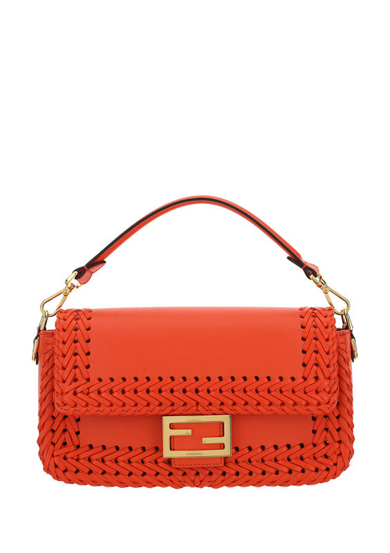 Medium Baguette Woven Leather Bag - Red