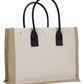 Rive Gauche Small Tote Bag in Linen and Leather - Greige/Black/Naturel