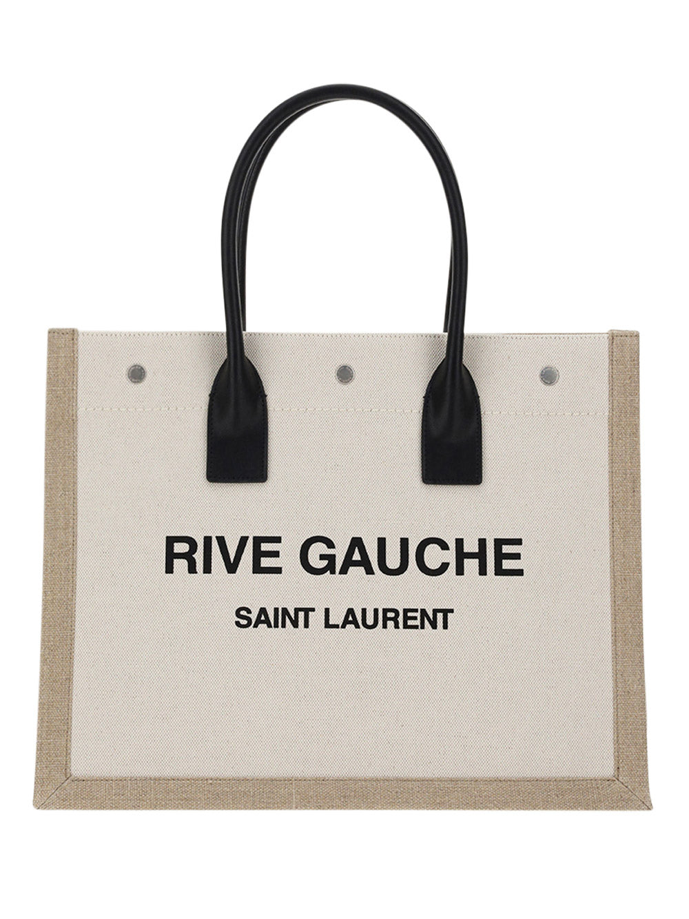 Rive Gauche Small Tote Bag in Linen and Leather - Greige/Black/Naturel