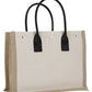 Rive Gauche Small Tote Bag in Linen and Leather - Greige/Black/Naturel