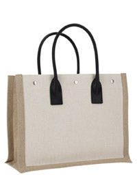 Rive Gauche Small Tote Bag in Linen and Leather - Greige/Black/Naturel