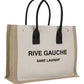 Rive Gauche Small Tote Bag in Linen and Leather - Greige/Black/Naturel