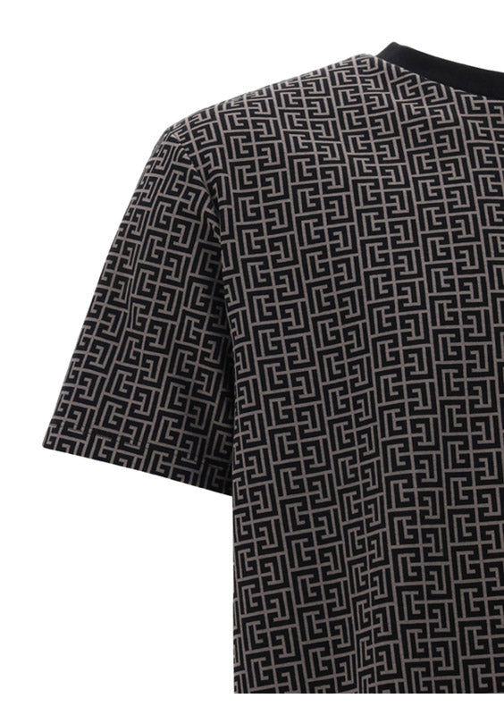 Oversized Cotton T-shirt with Balmain Monogram Print - Black