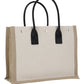 Rive Gauche Small Tote Bag in Linen and Leather - Greige/Black/Naturel