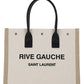 Rive Gauche Small Tote Bag in Linen and Leather - Greige/Black/Naturel