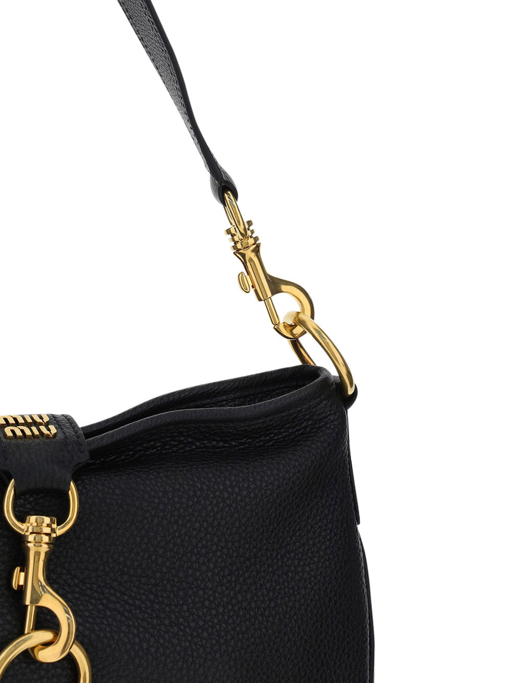 Leather Shoulder Bag with Snap Hook - Black
