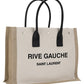 Rive Gauche Small Tote Bag in Linen and Leather - Greige/Black/Naturel