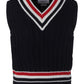 Cashmere Strip Trim Knit V-Neck Vest - Navy