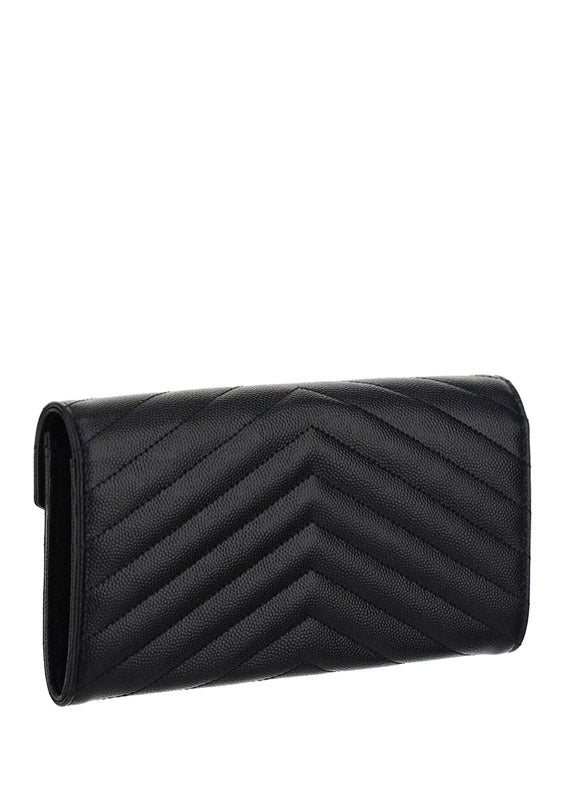 Cassandre Matelassé Large Flap Wallet in Grain de Poudre Embossed Leather - Black
