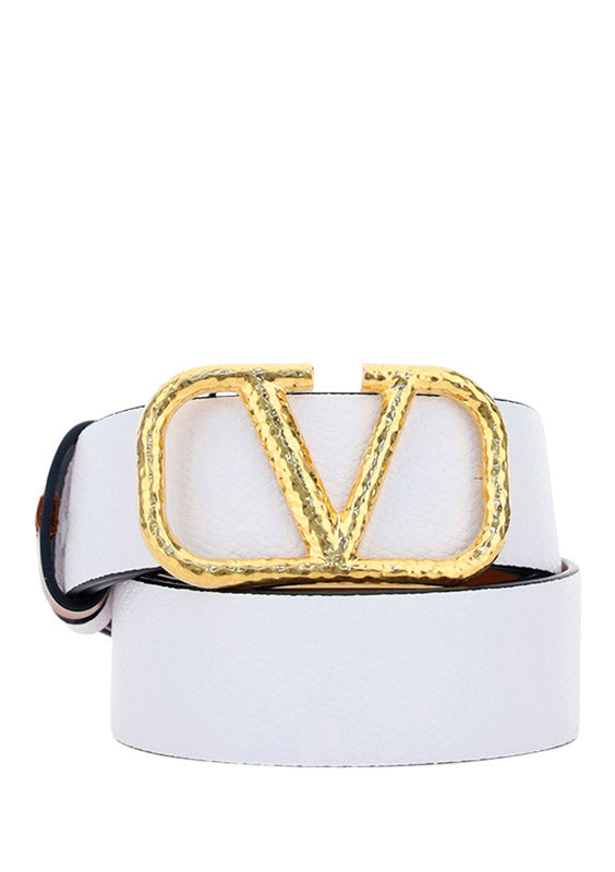 VLogo Signature Reversible Belt in Glossy & Grainy Calfskin Leather 30mm -  Light Ivory / Saddle Brown
