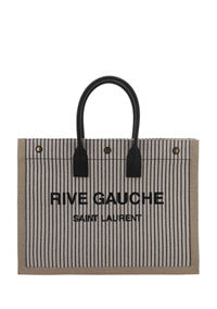 Rive Gauche Tote Bag In Linen And Smooth Leather - Cream / Black