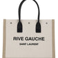 Rive Gauche Small Tote Bag in Linen and Leather - Greige/Black/Naturel