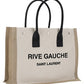 Rive Gauche Small Tote Bag in Linen and Leather - Greige/Black/Naturel