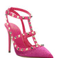 Satin Rockstud Pumps  With All-Over Tubes Embroidery And Straps 100MM - Pink.