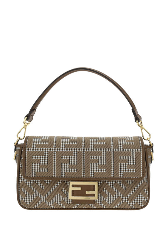 Houndstooth Wool Baguette Bag With FF Embroidery - Brown