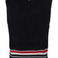 Cashmere Strip Trim Knit V-Neck Vest - Navy