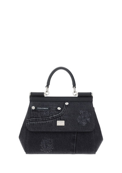 Small Sicily Bag in Calfskin and Patchwork Denim - Black