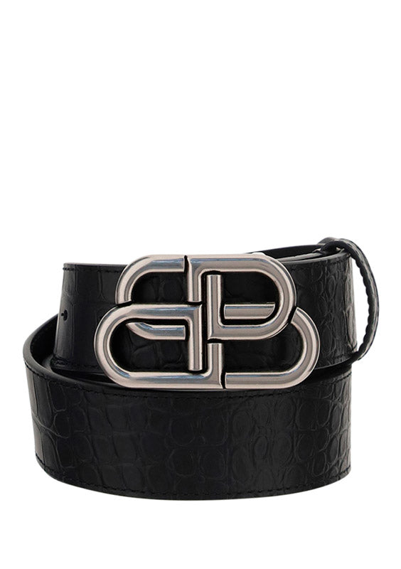 BB Large Belt in Embossed Crocodile Leather & Palladium Buckle - Black