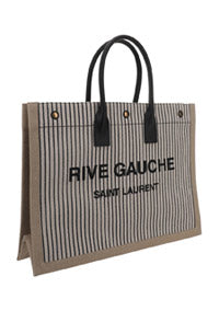 Rive Gauche Tote Bag In Linen And Smooth Leather - Cream / Black