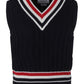 Cashmere Strip Trim Knit V-Neck Vest - Navy