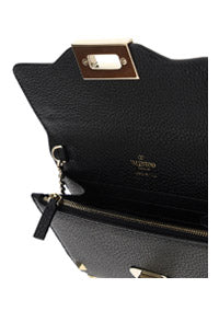 Rockstud Grainy Calfskin Wallet With Chain Strap - Black