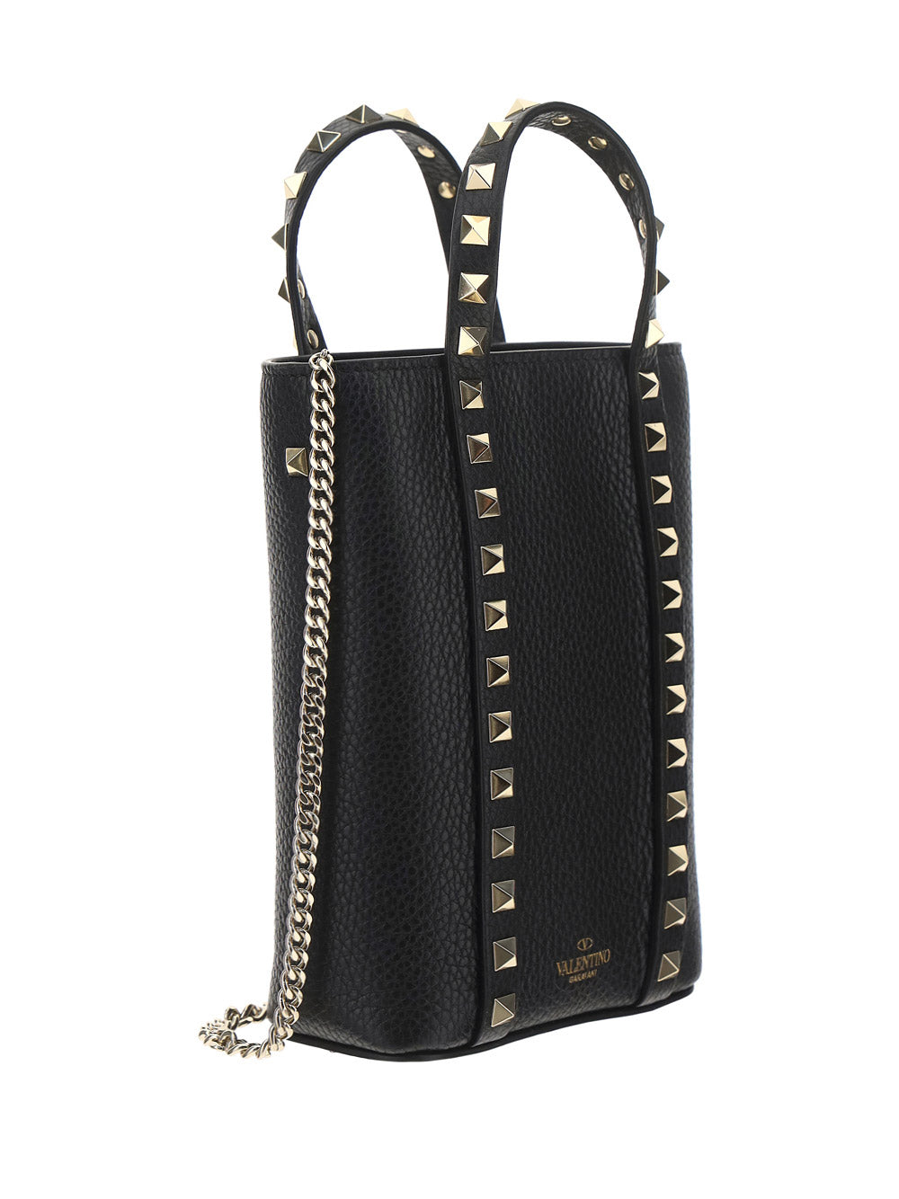 Rockstud Leather Pouch With Chain - Black