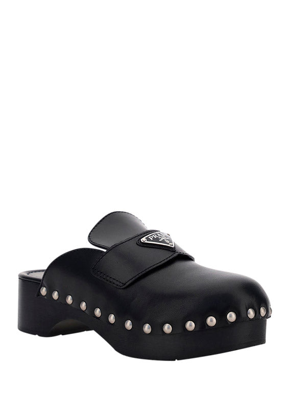 Studded Leather Clogs - Black