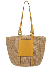 Large Basket in Fair Trade Paper & Shiny Calfskin - Natural / Yellow