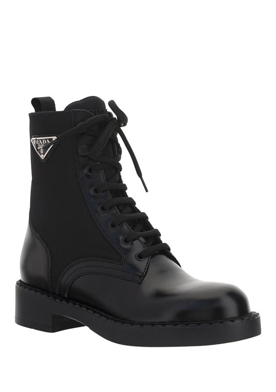 Brushed-Leather and Re-Nylon Boots - Black